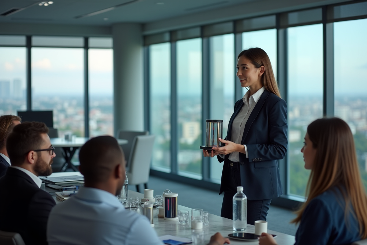 Jeune femme présentant une pile à hydrogene en intérieur