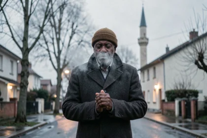 Homme se préparant pour la prière de fajr devant une mosquée à Argenteuil en hiver