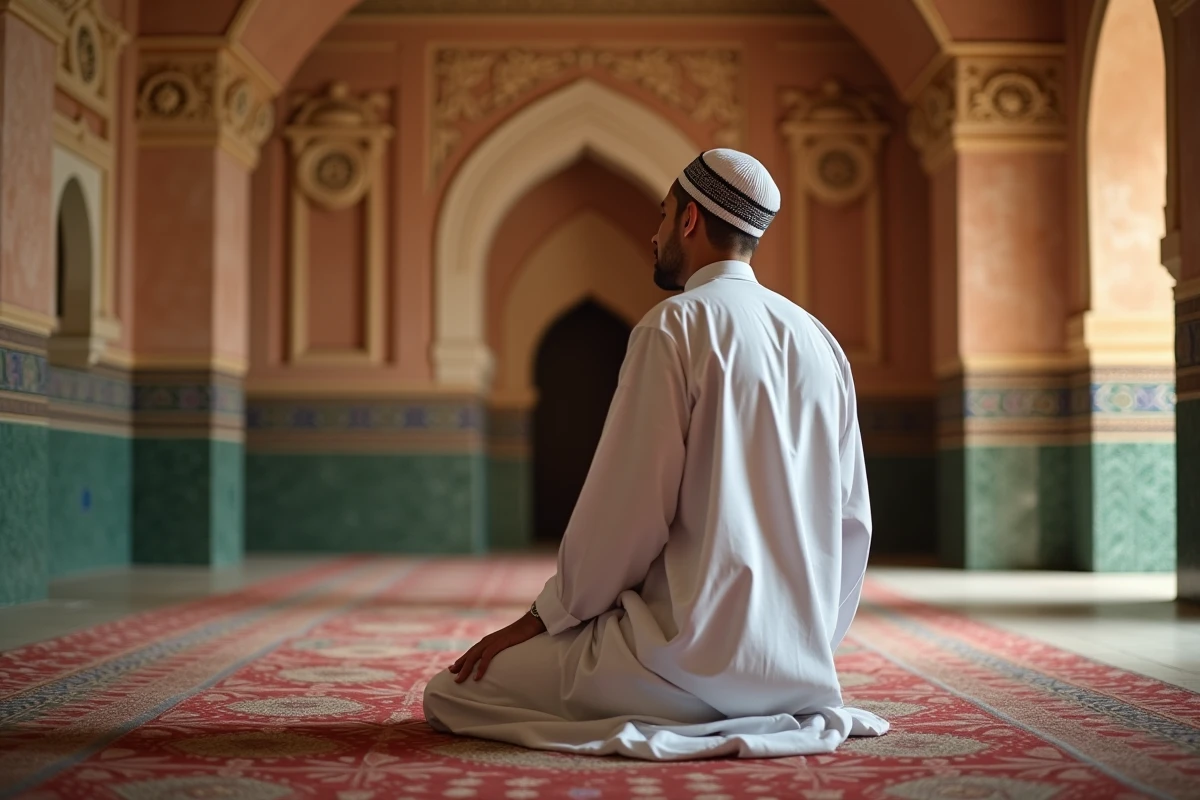 Homme en djellaba blanche priant sur un tapis de prière dans une mosquée de Montpellier pendant le ramadan