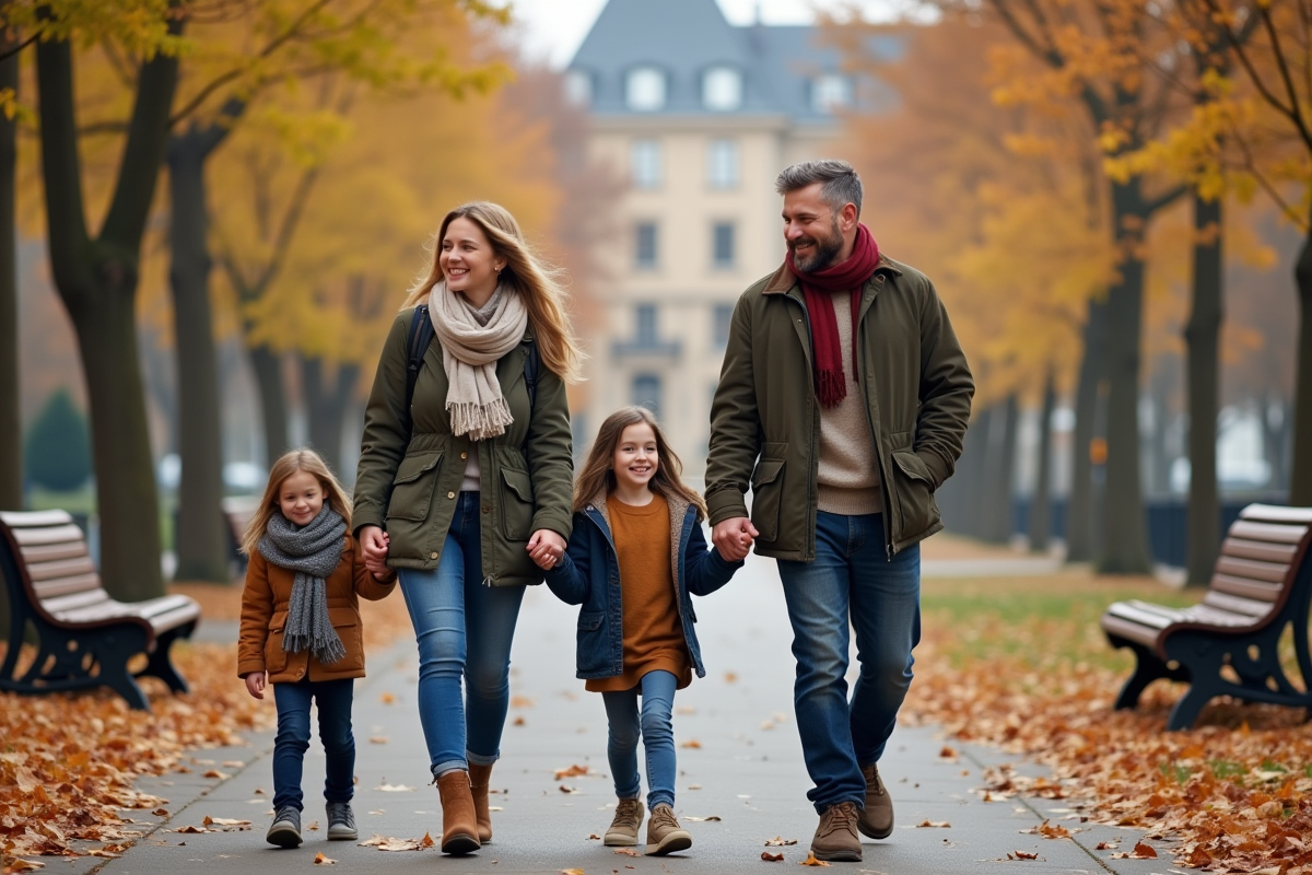 Famille se promenant dans un parc en automne