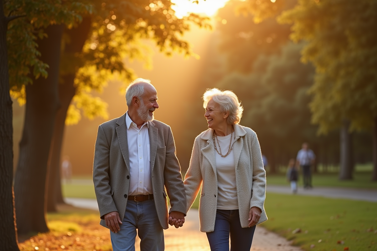 Couple marchant main dans la main dans un parc en fin d