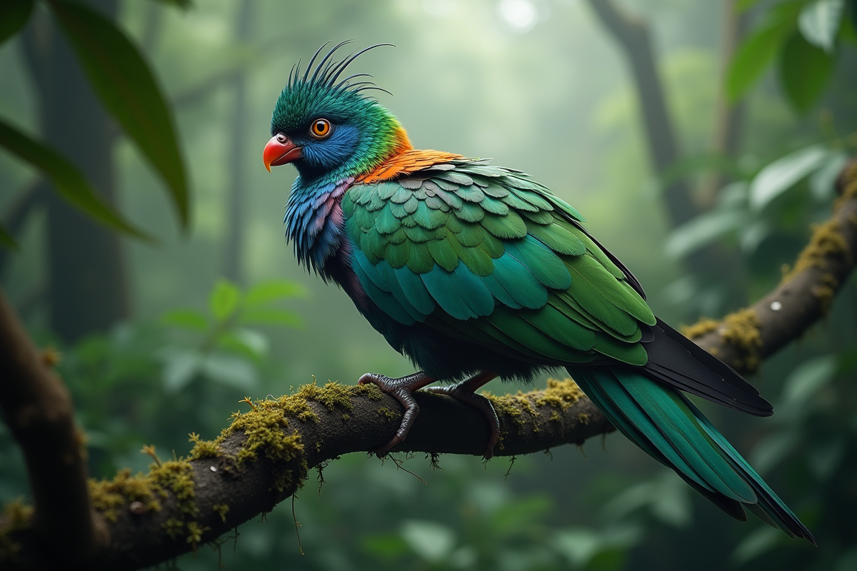 Quetzal en gros plan sur branche dans la forêt humide