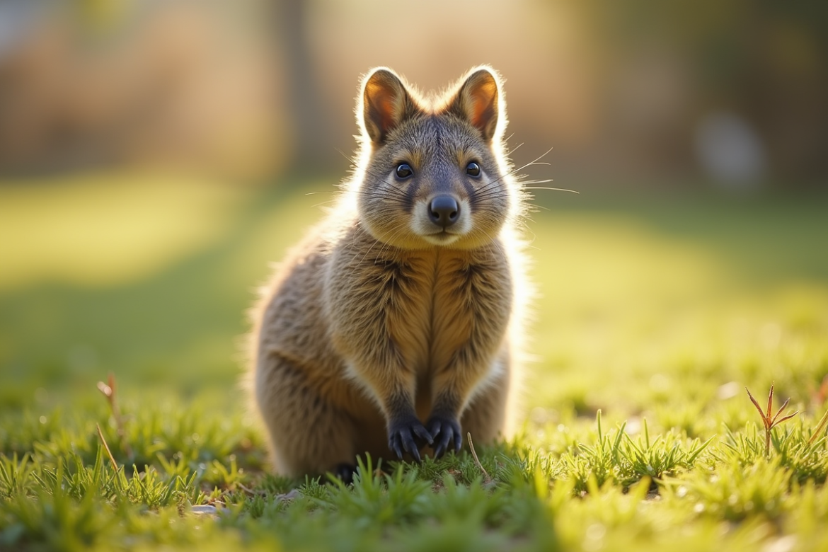Quokka debout sur l'herbe en plein jour en faible angle