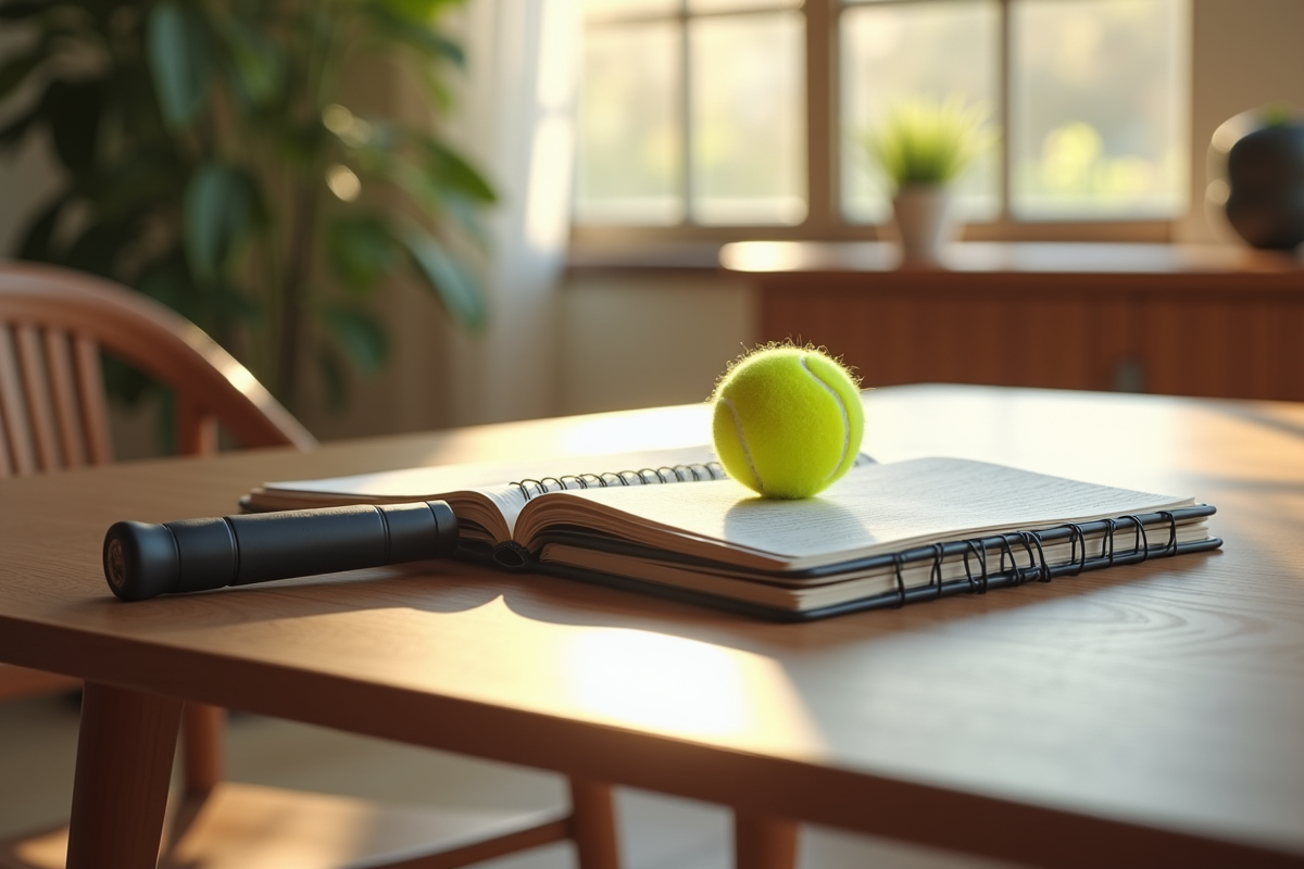 Raquette de padel et balle sur une table en bois dans une pièce lumineuse