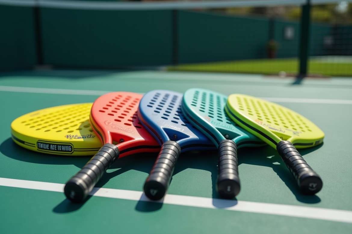 Plusieurs raquettes de padel colorées sur un court extérieur lumineux