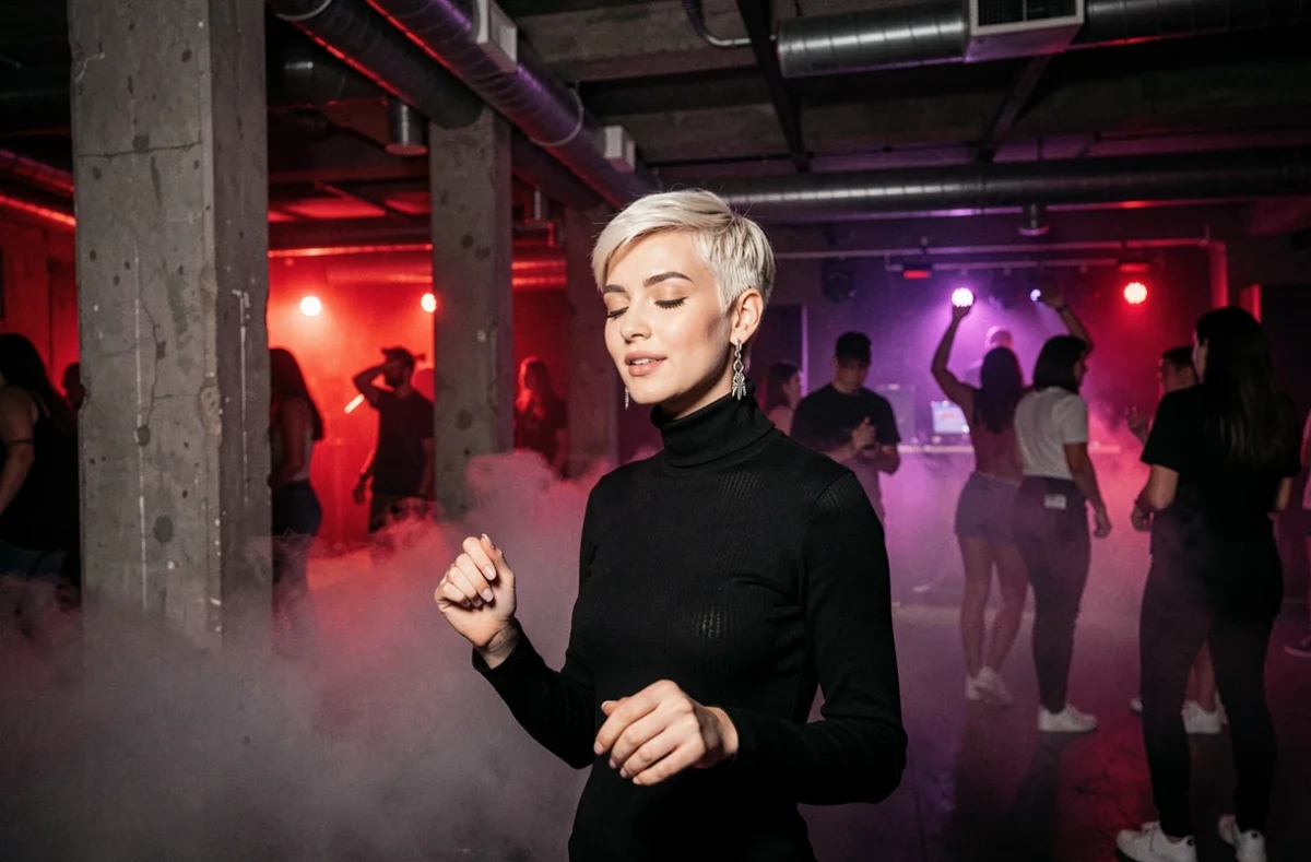 Jeune femme expatriée dansant dans un club techno parisien avec ambiance industrielle et fumée de scène