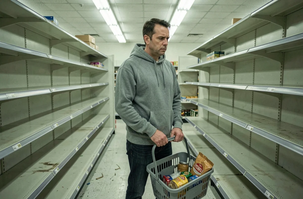 Homme dans un supermarché aux rayons presque vides le jour du Nouvel An faisant ses courses