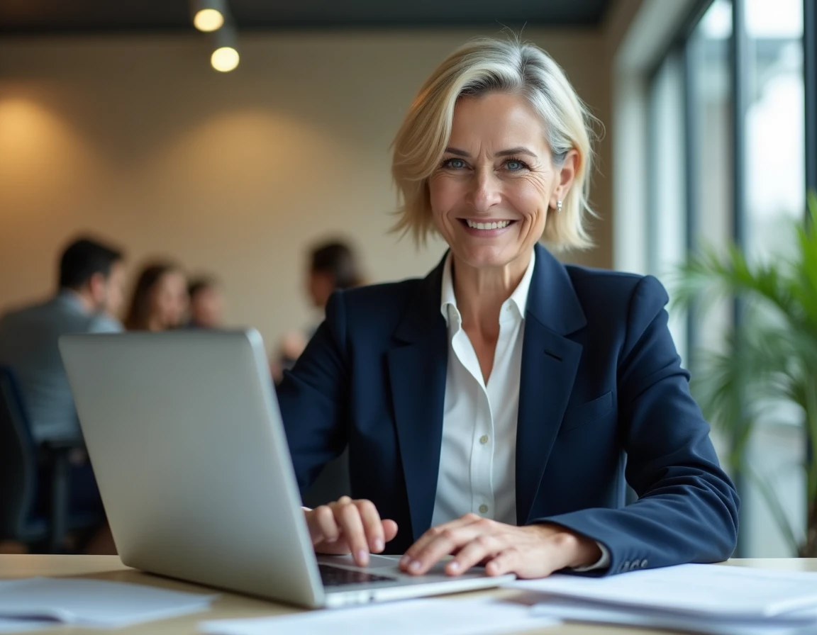 Femme recherchant un numéro de téléphone mobile sur un ordinateur portable dans un bureau professionnel