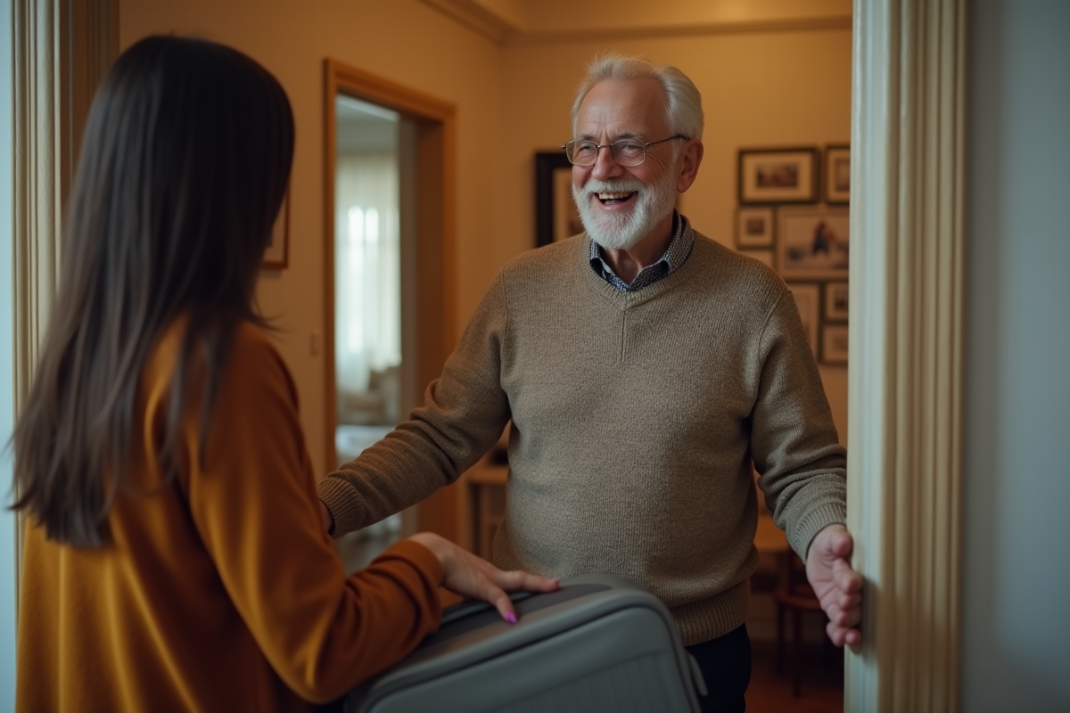 Homme senior souriant accueillant une jeune femme à la porte