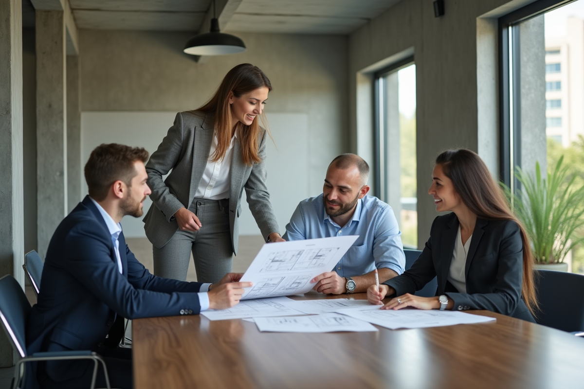 Jeune agente immobiliere montre un plan a deux entrepreneurs