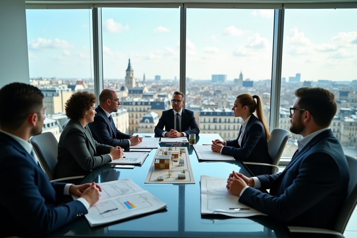 Groupe de professionnels en réunion dans une salle moderne