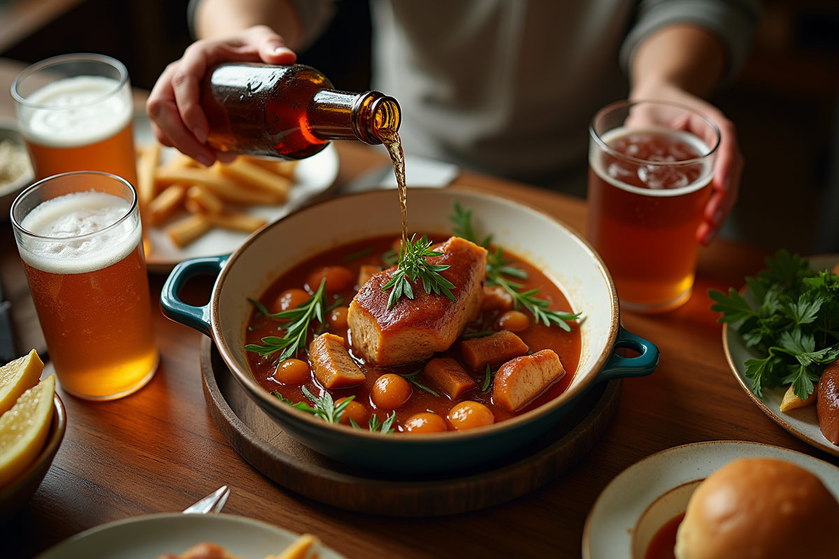 Main versant bière ambrée avec plat de joue de porc