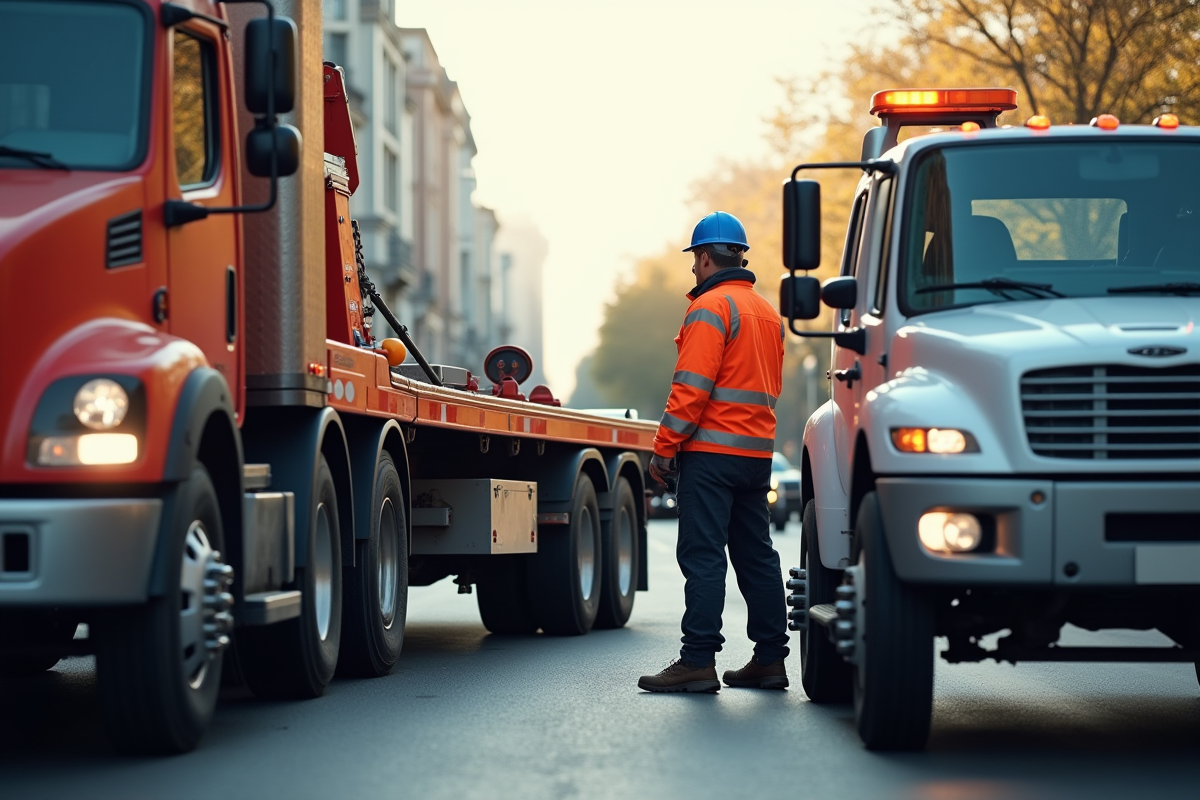 Operateur de remorqueur en action securisant un vehicule en panne