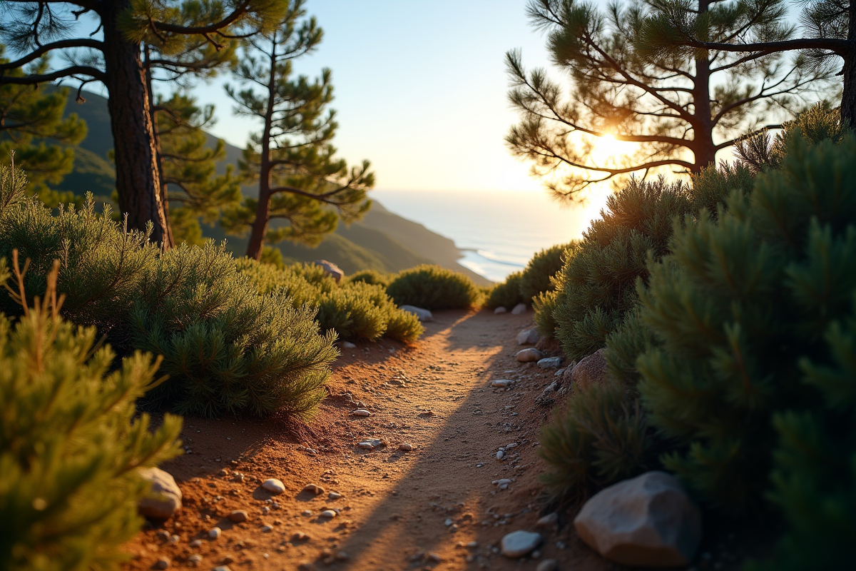 Sentier étroit en matinée avec végétation et ombres longues