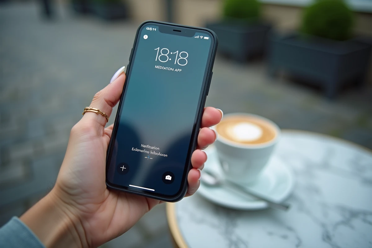 Gros plan d'un smartphone affichant 18h18 dans un café, illustrant la synchronicité numérique et les signes angéliques au quotidien