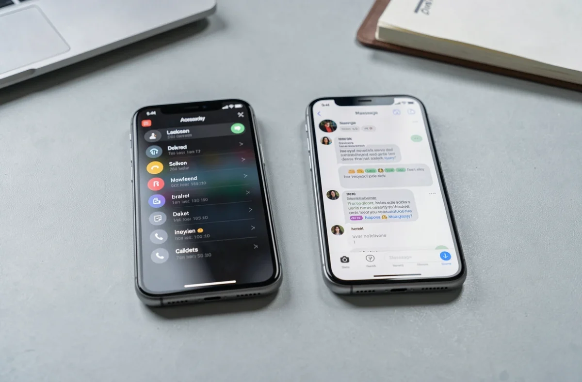 Deux smartphones affichant des appels sans réponse et des messages non livrés évoquant un numéro bloqué