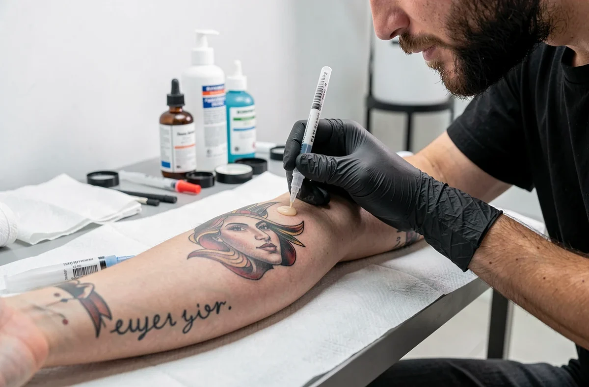 Soin d'un tatouage frais sur un bras en cicatrisation