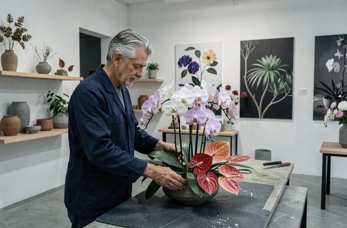 Stéfane Pastor arrangeant un bouquet architectural d'orchidées dans son atelier au style galerie contemporaine à Lyon