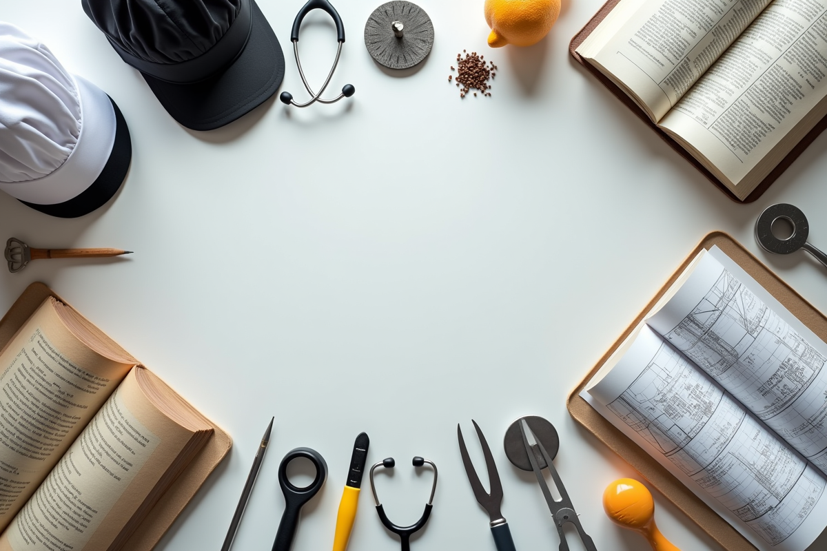 Plan de travail avec outils et accessoires de divers métiers
