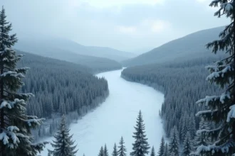 Paysage immense de la taïga sibérienne avec forêt de conifères et rivière gelée illustrant la superficie du plus grand pays du monde