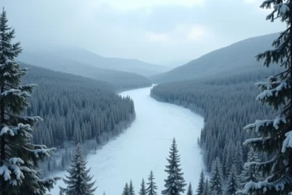 Paysage immense de la taïga sibérienne avec forêt de conifères et rivière gelée illustrant la superficie du plus grand pays du monde