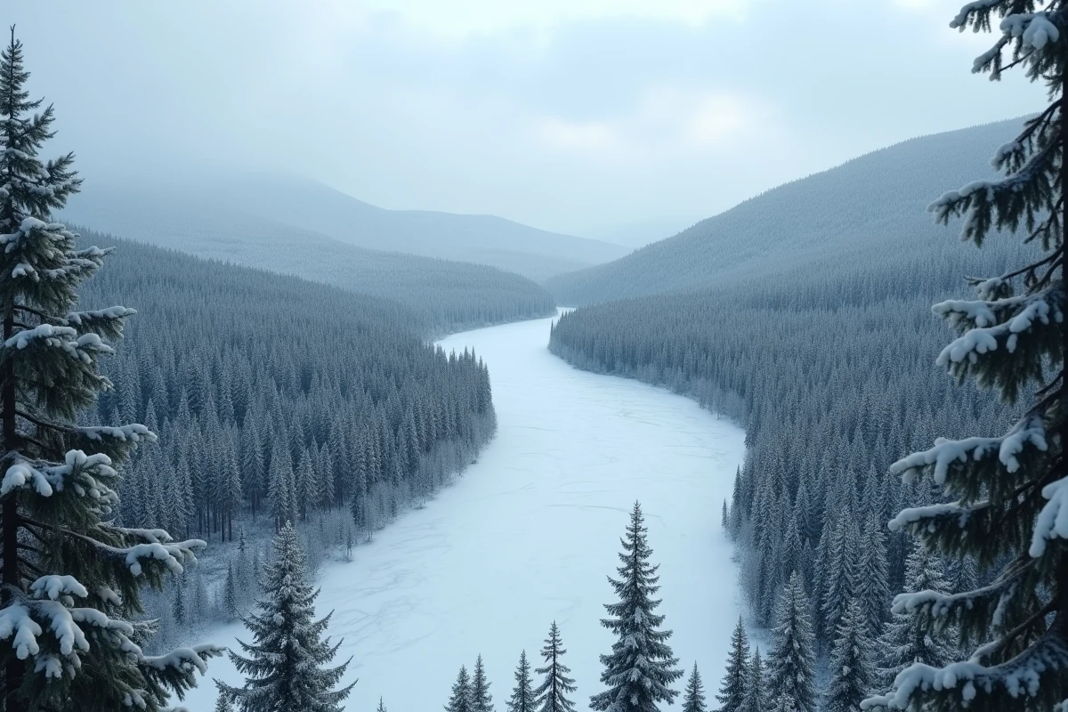Paysage immense de la taïga sibérienne avec forêt de conifères et rivière gelée illustrant la superficie du plus grand pays du monde