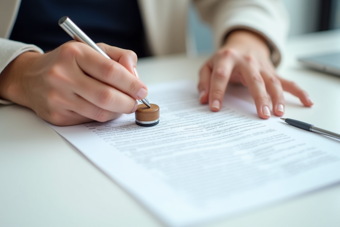 Mains utilisant un tampon en bois sur un document Word blanc