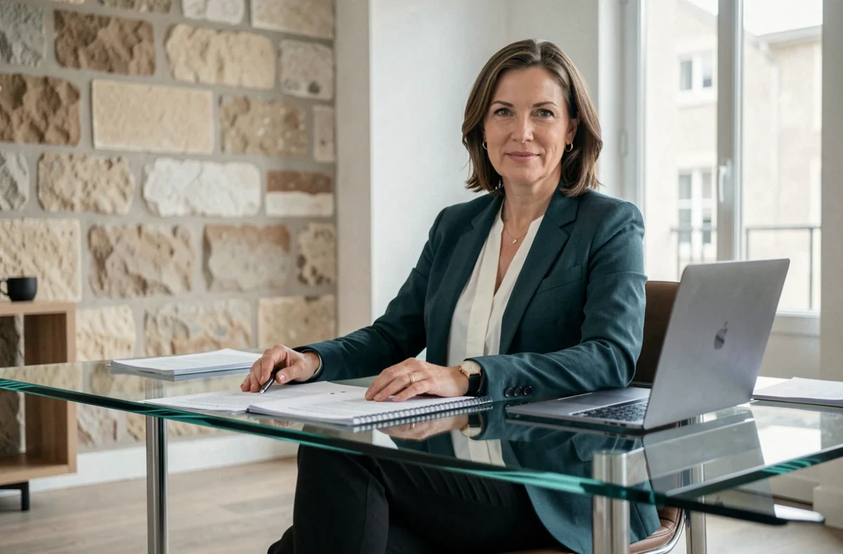 Anne-Laure Tazzioli de la Selarl Themis XXI, avocate en blazer sarcelle à son bureau moderne