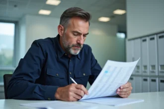 Technicien homme en uniforme examine un tableau de salaire