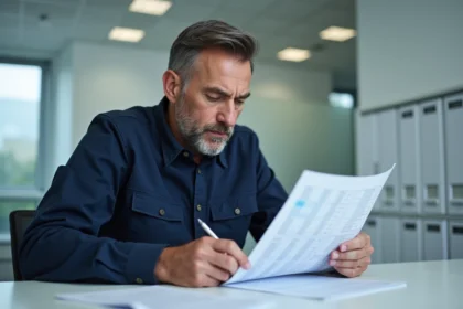Technicien homme en uniforme examine un tableau de salaire