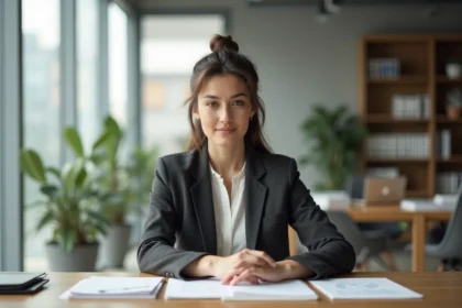 Femme professionnelle née en 1998, signe du Tigre de Terre, dans un bureau moderne symbolisant ambition et carrière