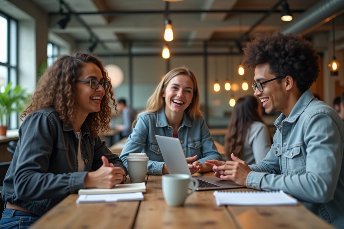 Groupe de jeunes professionnels nés en 1998, signe du Tigre de Terre, collaborant dans un espace de coworking moderne