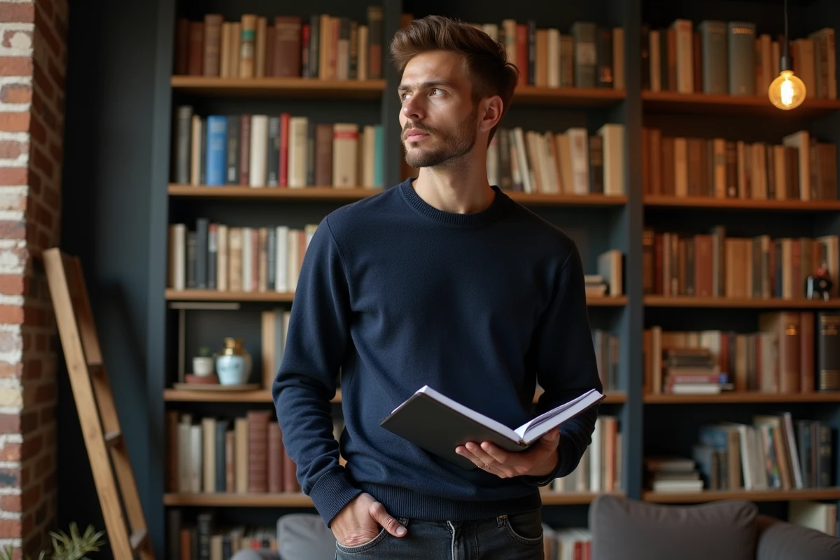 Jeune homme né en 1998 sous le signe du Tigre de Terre, entouré de livres, illustrant créativité et talents cachés