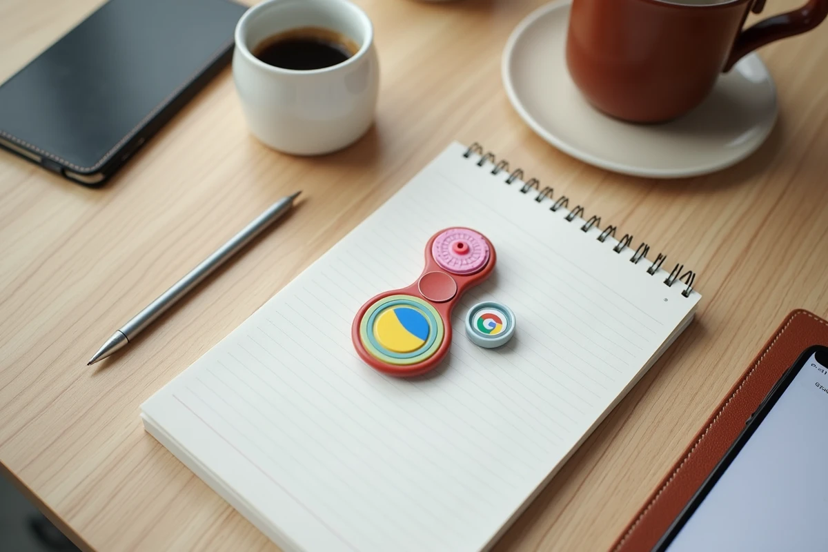 Vue du dessus d'une toupie Google posée sur un bureau avec carnet et café, symbolisant la concentration et la productivité