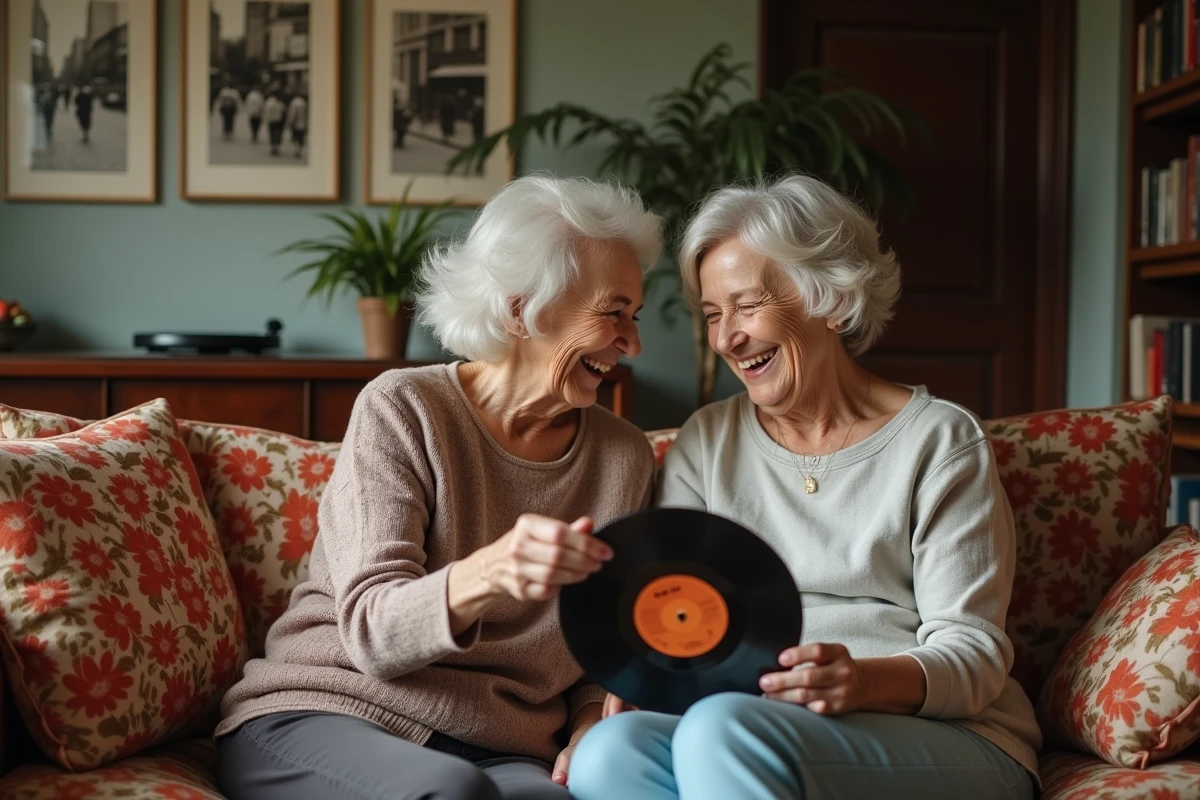 Grand-mère et petite-fille regardant ensemble une pochette de disque vintage des années 60 dans un salon rétro, transmission musicale intergénérationnelle