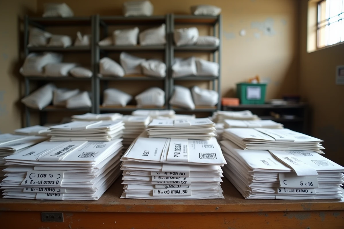 Courriers et colis triés avec codes postaux visibles sur une table de tri au dépôt postal de Port Louis