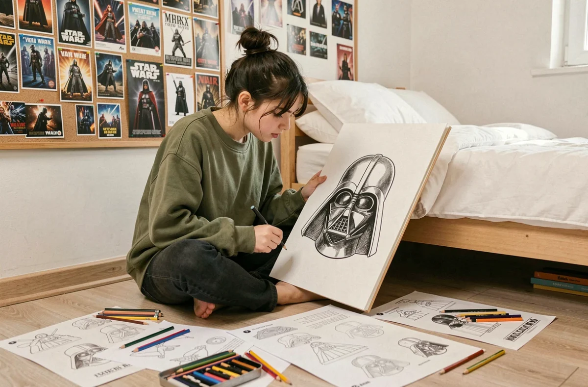 Adolescente assise sur le sol de sa chambre en train de dessiner le casque de Dark Vador entourée de tutoriels et crayons de couleur