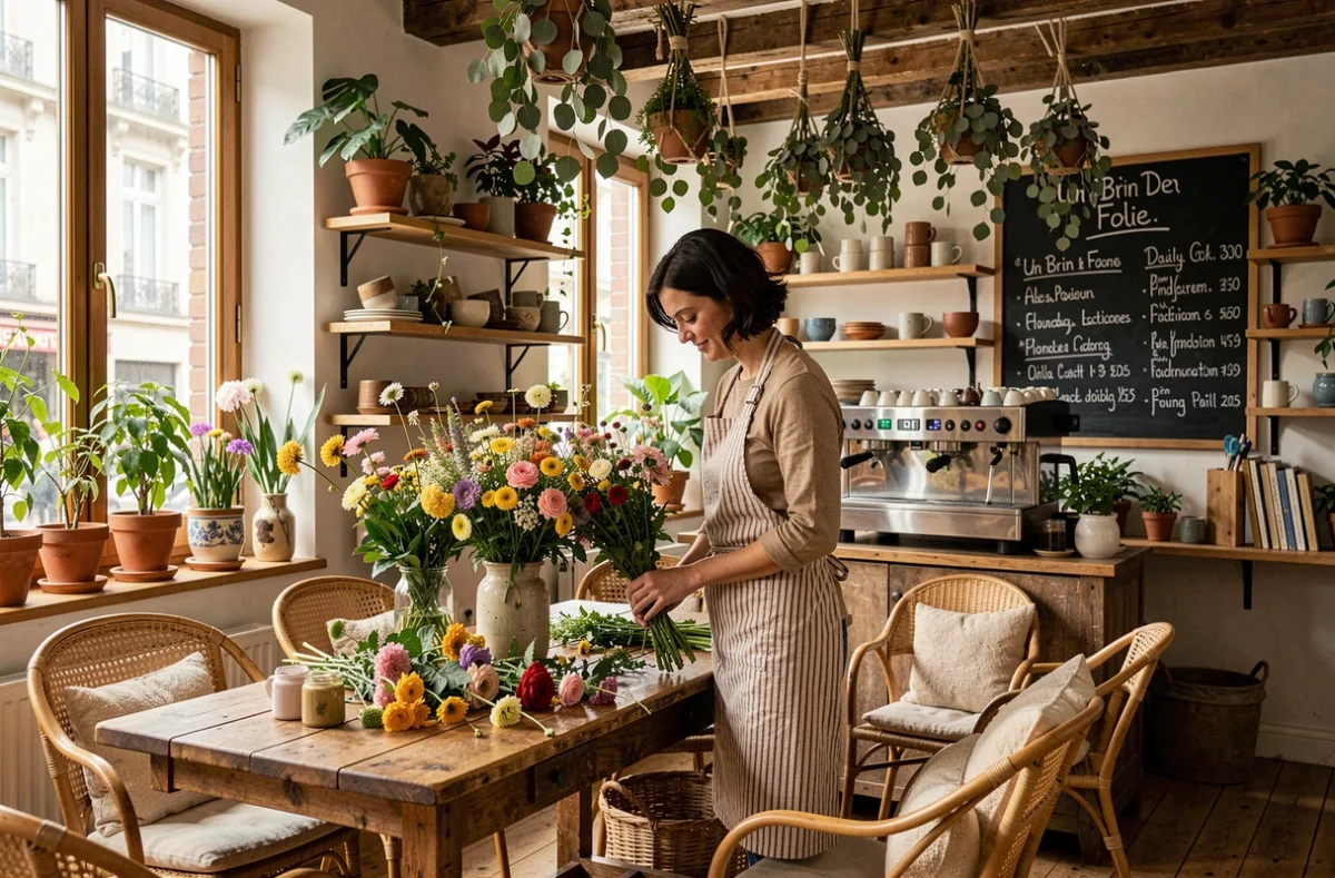 Fleuriste préparant des fleurs de saison dans l'espace hybride boutique-café d'Un Brin De Folie à Lyon