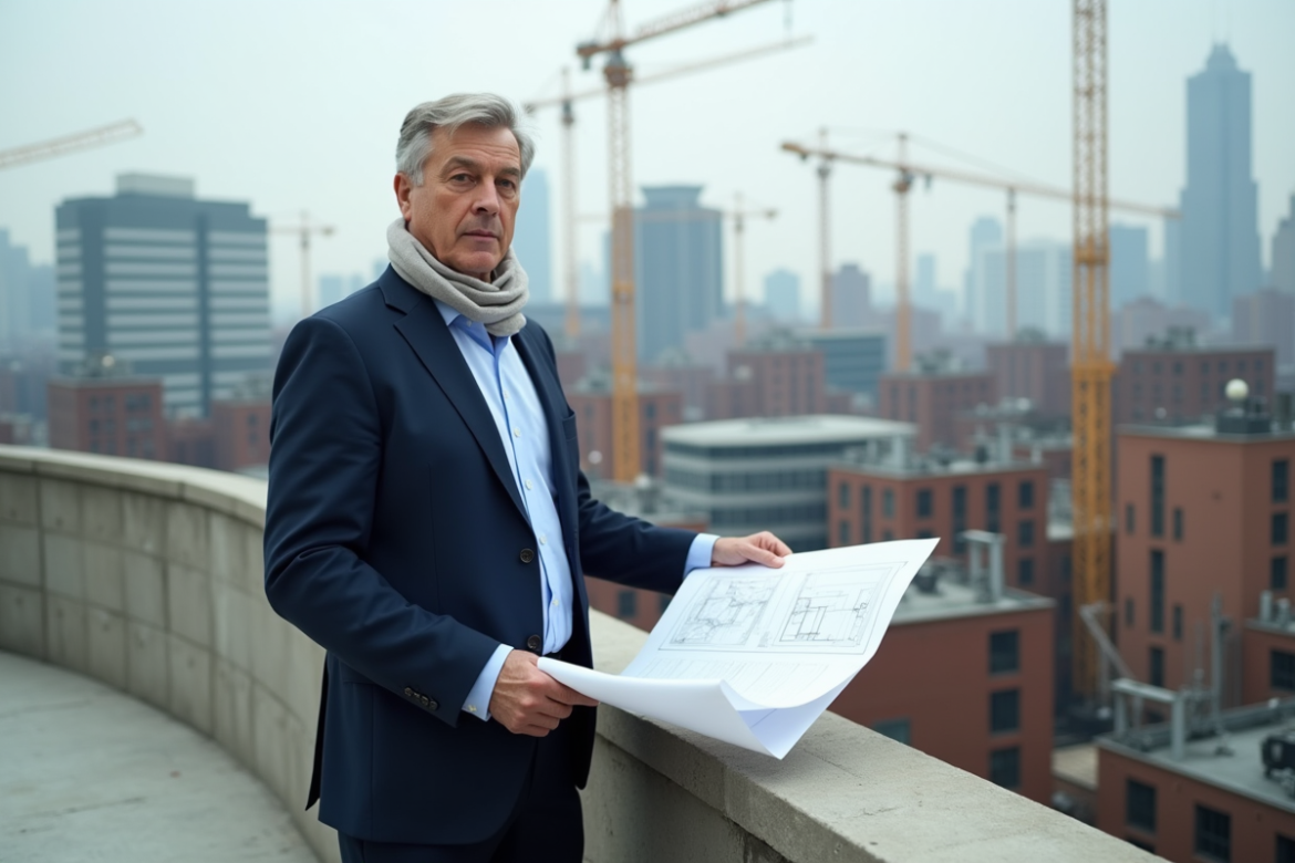 Urbaniste en costume bleu examinant des plans urbains