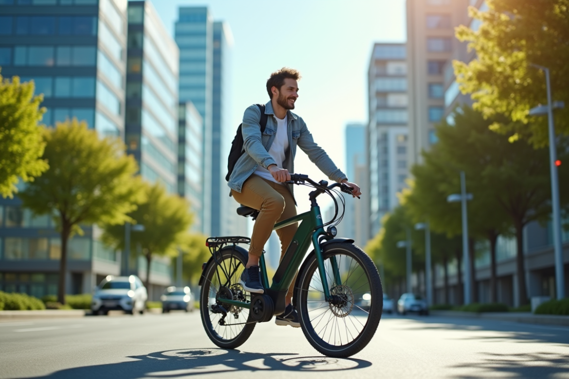 Jeune professionnel roulant en vélo électrique Bosch en ville