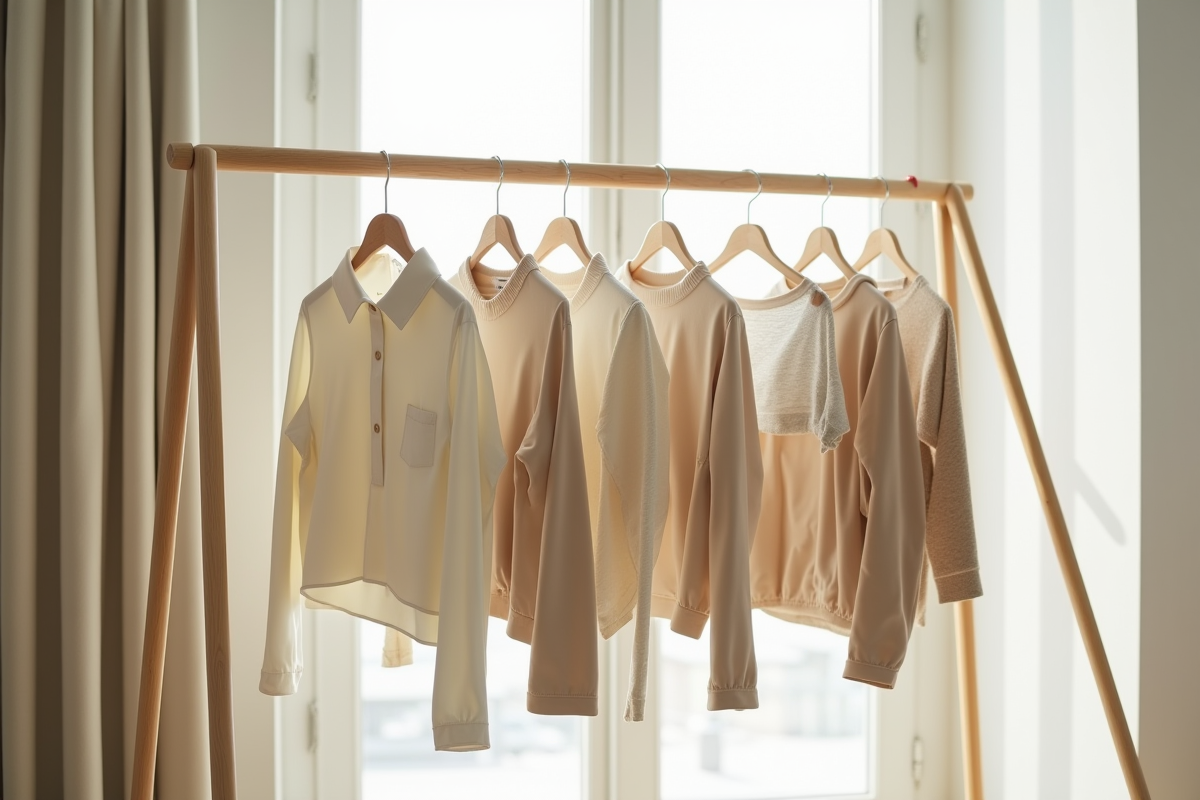 Vêtements minimalistes suspendus sur un portemanteau en bois