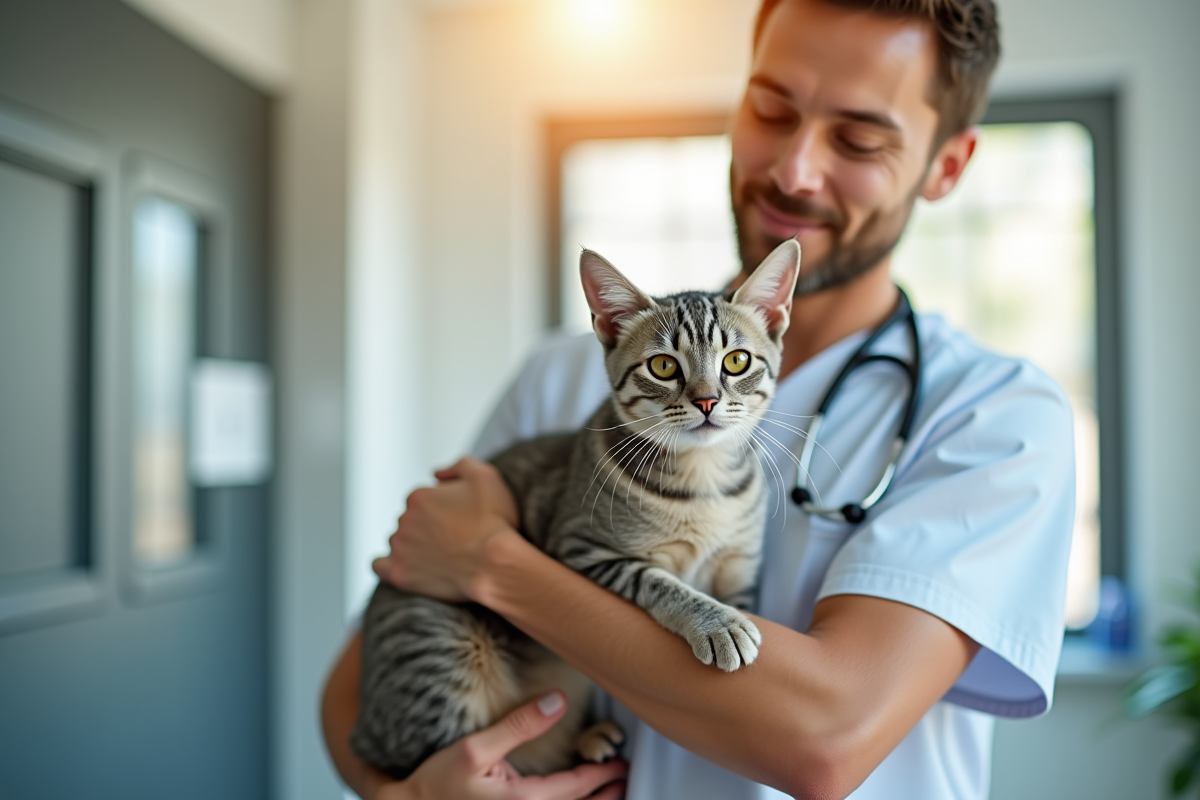Vétérinaire tenant un chat hypoallergenique dans une clinique moderne