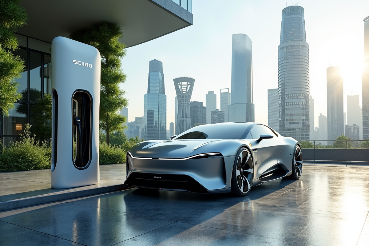Voiture électrique moderne en charge dans une ville futuriste en journée