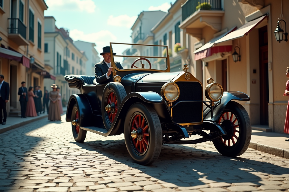 Voiture vintage des années 1900 sur une rue pavée avec passants en costume