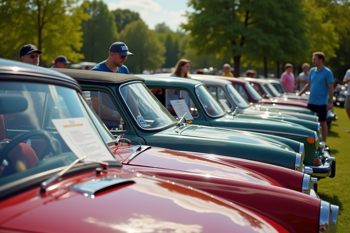 Ligne de voitures classiques lors d un salon auto en plein air